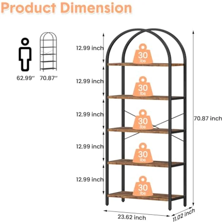 GarveeLife Bücherregal mit 5 Ebenen, 60x28x180cm, Industrielles Gebogenes Bücherregal mit Offenen Regalen für Zuhause, Büro, Wohnzimmer, Schlafzimmer, braun – Bild 5