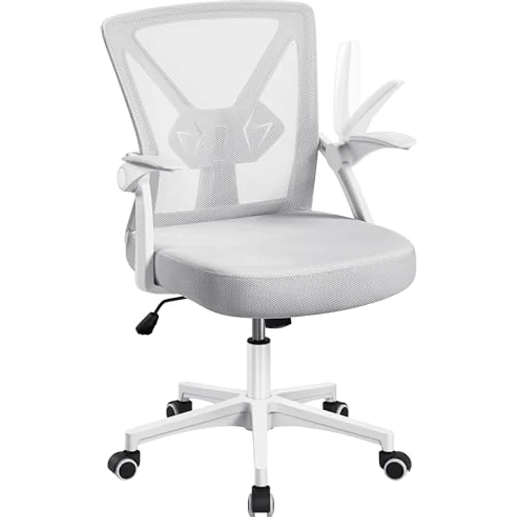 Yaheetech Bürostuhl Schreibtischstuhl mit hochklappbare Armlehnen, Drehstuhl aus Mesh, Office Chair Ergonomic, erstellbaren Lendenwirbelstütze, Wippfunktion, höhenverstellbar Hellgrau – Bild 1
