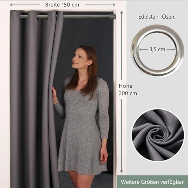 tinycurtains Türvorhang für alle gängigen Türgrößen, Thermovorhang (ohne Stange) Türgardine, Ösen (1 St), abdunkelnd, 100% Polyester, blickdicht grau Nebula 200x150cm Vorhang für Tür, Schrank & Fenster – Bild 3