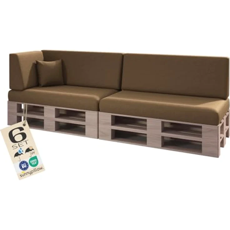 sunnypillow Palettenkissen mit abnehmbarem Bezug UV - beständig Outdoor wasserdicht Kaltschaum Palettenauflage Palettenpolster Palettensofa Sitzkissen Rückenlehne 6er Set 120x80 Braun – Bild 2