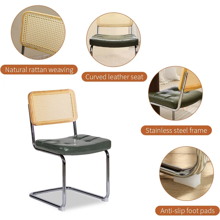 LVHOM Freischwinger 2er Set Esszimmerstuhl, Retro Küchenstuhl mit Chromgestell & Rattan-Rückenlehne, gepolsterter Kunstleder-Sitz, stapelbar, moderne Wohnzimmerstuhl, Dunkelgrün – Bild 3