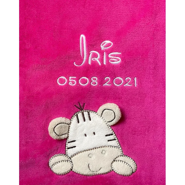 KIDDI-MEDIA Babydecke mit Name und Geburtsdatum Bestickt/kuschelig weich / 1A Qualität (Pink - Zebra)