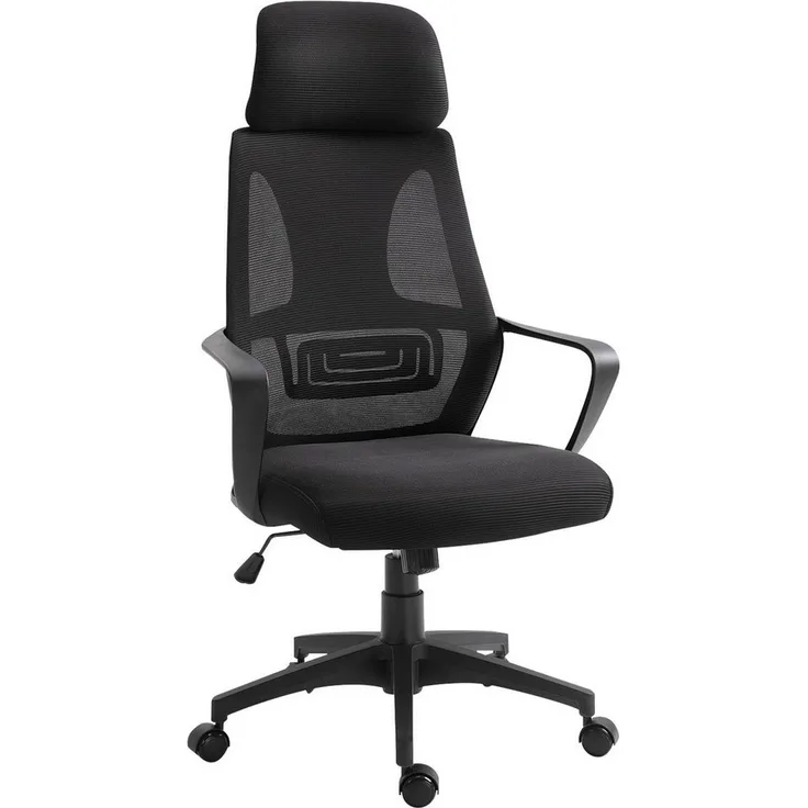 Vinsetto Bürostuhl mit Wippfunktion, Kopfstütze, Lendenstütze (höhenverstellbarer Schreibtischstuhl, 1 St), mit Netzstoff-Optik, Schwarz