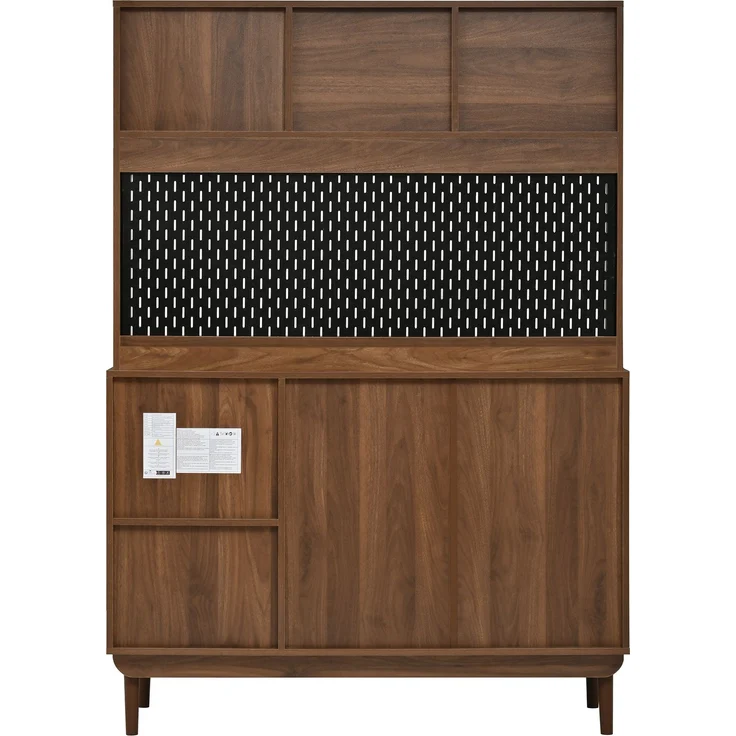 Flieks Küchenbuffet 117 x 30 x 170 cm mit 4 Riffelglas-Schiebetüren, Lochplatten-Rückwand, 2 Schubladen und offenen Fächern, Walnussfarben – Bild 6