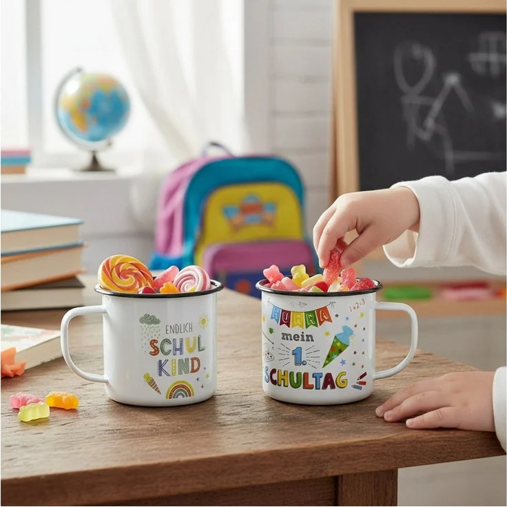 Macosa Home Becher 2er Set Kinderbecher Schulanfang Geschenkidee Trinkbecher Becher Set, 2-tlg, Metall, bunter Motivdruck Tassen Set Schulstart ABC – Bild 4