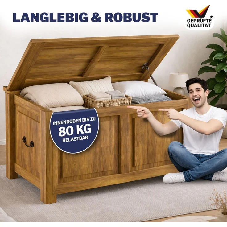 Deuba Holztruhe Truhe Antik Holz 85x44x48cm – Bild 3