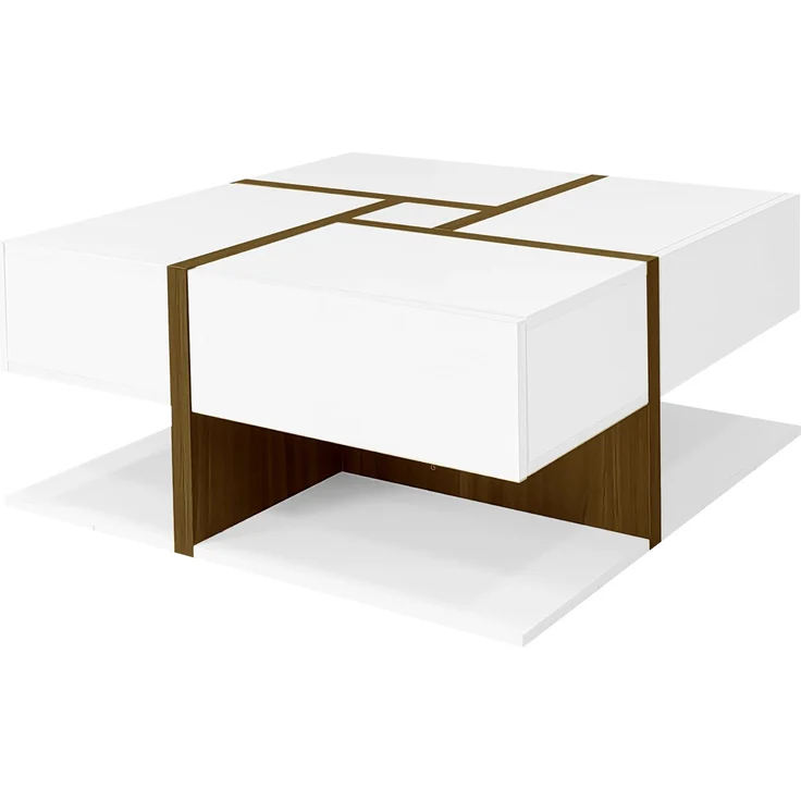 Merax Hochglanz-Couchtisch, Tisch mit 4 Schubladen, einzigartige Farbabstimmung und Liniendesign, Stauraum unten. 78*78*34,8cm, Weiß und Holzfarbe – Bild 10