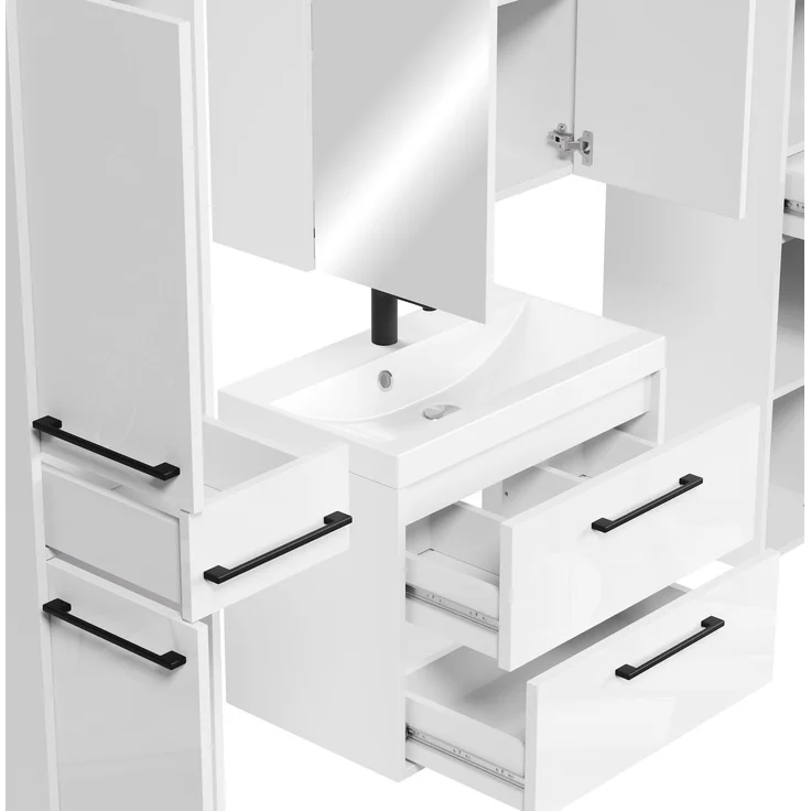 Badplaats Badmöbel Komplettset Florence XL 60 x 35 cm Hochglanz Weiß - Badezimmermöbel mit Waschbecken, Spiegelschrank und 2 Hochschränke – Bild 5
