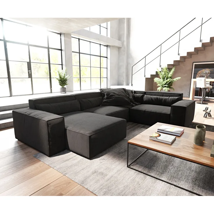 Wohnlandschaft Sirpio 300x210 cm Mikrofaser Schwarz Recamiere variabel