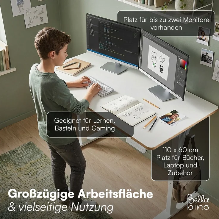 Bellabino 'Toro' Kinderschreibtisch 110x60 cm, elektrisch höhenverstellbar, weiß, Schreibtisch mit kindergesicherter Steuerung, LED-Höhenanzeige und 3 Speicherhöhen, Jugendschreibtisch mit Rucksackhaken, ab 6 Jahren – Bild 6