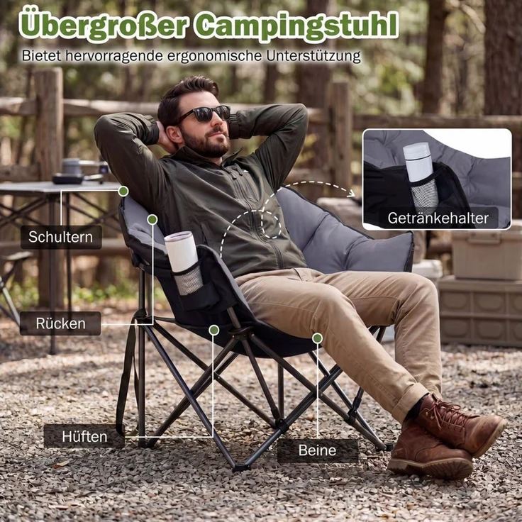 COSTWAY Campingstuhl, Klappstuhl gepolstert XXL mit Getränkehalter, bis 227kg – Bild 4