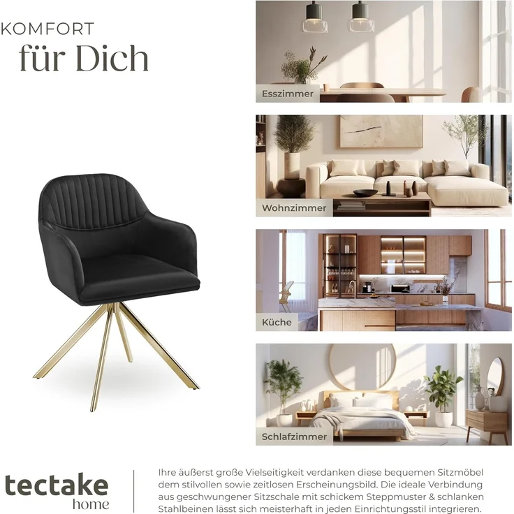 tectake Esszimmerstuhl Samt-Drehstuhl (4er Set, 4 St), gepolstert – Bild 8