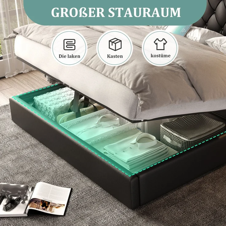 Polsterbett, PU-Leder mit USB-Anschluss, Leselampen & Stauraum, 160x200 cm, Schwarz, ohne Matratze – Bild 6