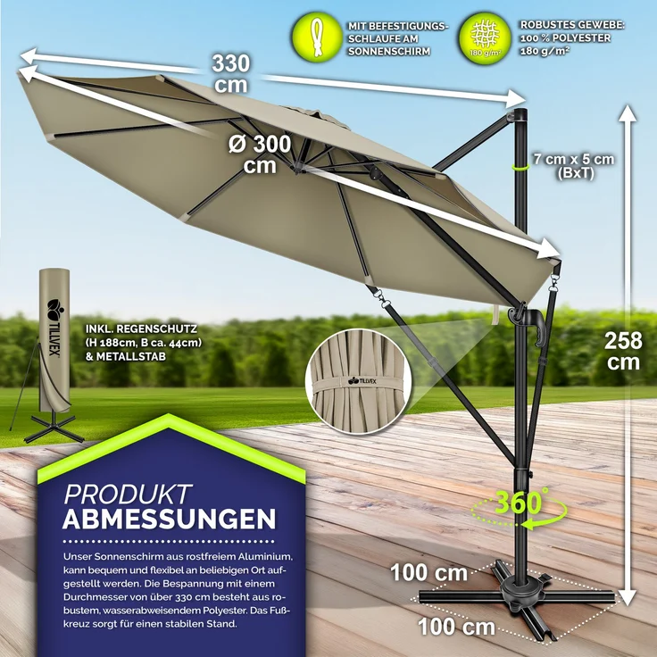 tillvex® Sonnenschirm verstellbar mit Kurbel, 360° drehbar, Polyester / Aluminium braun, Ø 300 cm – Bild 6