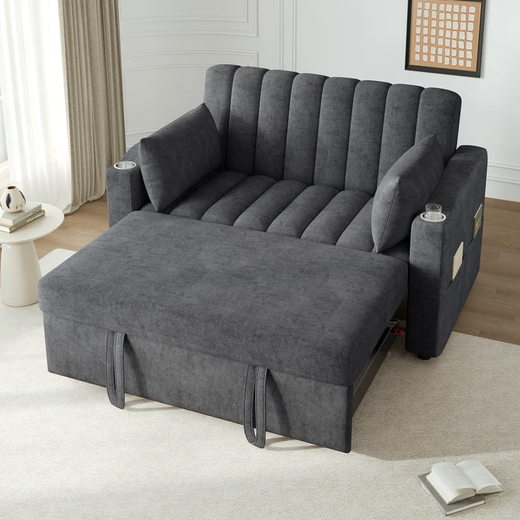 Multifunktions Schlafsofa mit 3-fach Rückenlehne & Getränkehalter, Baumwoll-Leinen, 136x162x84 cm, Grau – Bild 3