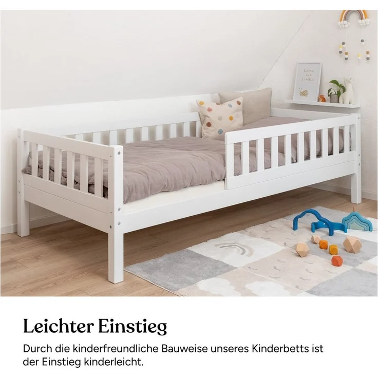 Ehrenkind Kinderbett mit Rausfallschutz aus massivem Kieferholz, Kinderbett 90x200 cm (zeitlos, hochwertig und auch für ältere Kinder geeignet, aus FSC zertifiziertem Holz), Jugendbett, Kinderbett mit Rausfallschutz – Bild 3