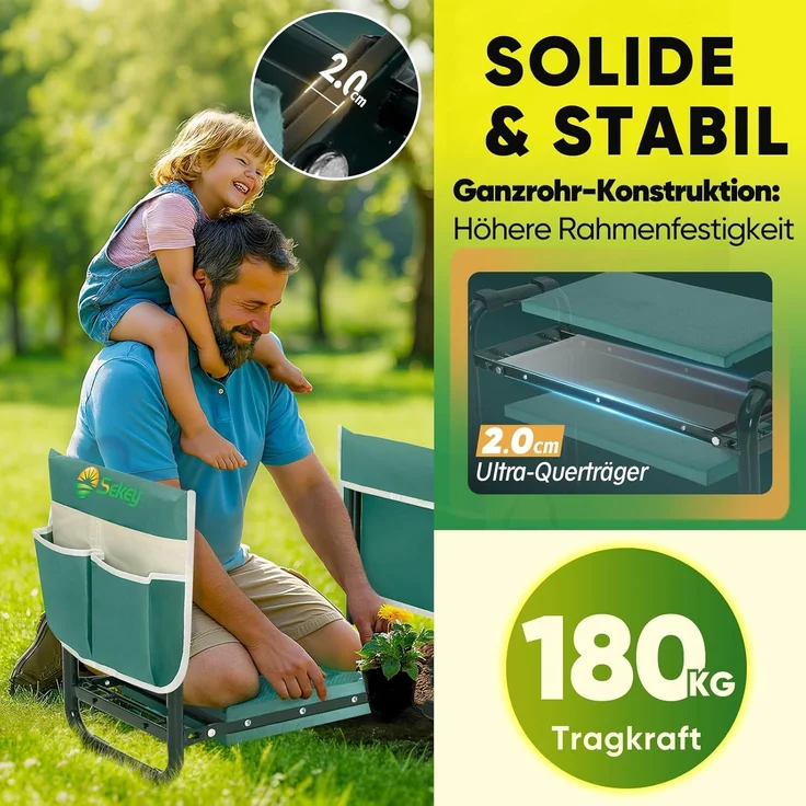 Sekey Höhenverstellbare Kniebank für Gartenarbeit Belastbarkeit 180KG, Gartenhocker Klappbar mit Werkzeugtaschen, Knie Komfort Garten, Grün – Bild 4