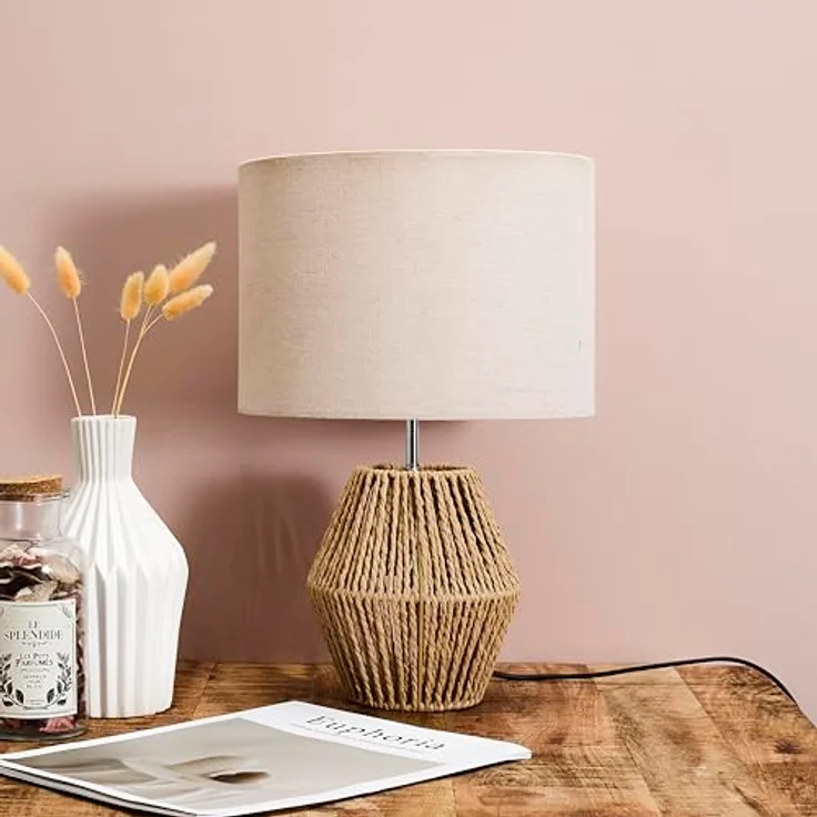 HOME DECO FACTORY, LA0111, Tischlampe im Bohemian-Chic aus geflochtenem Seil und beigem Lampenschirm, ideal für Wohn- oder Schlafzimmer, warme Atmosphäre, Größe H35 cm, natürliche Farbe – Bild 5