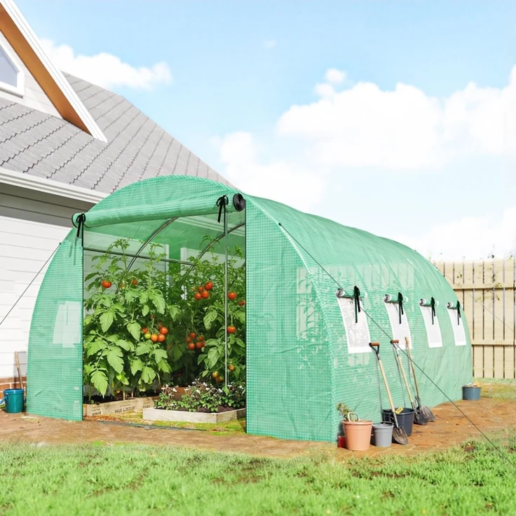 Wohnora-Gewächshaus ca 4 x 3 x 2 m Foliengewächshaus mit Rollbar 2 Reißverschlusstür & 8 Netzfenster Stützstangen Grün,H 200cm x T 400cm x B 295cm – Bild 4