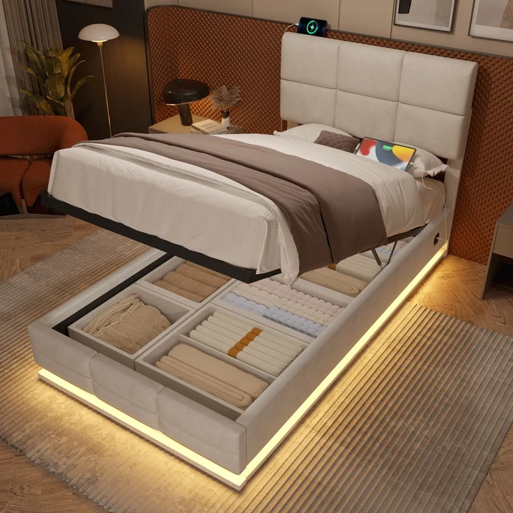 TavilaEcon Boxspringbett Modernes Polsterbett mit höhenverstellbarem Kopfteil & LED-Beleuchtung beige Liegefläche 90 × 200 cm – Bild 3