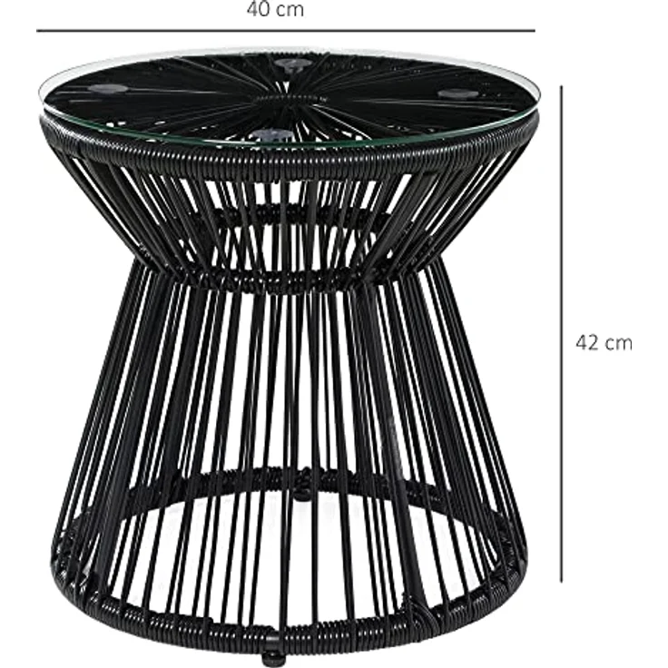 Outsunny Beistelltisch Runder Ratten Kaffeetisch, Bistrotisch mit Glastischplatte (Gartentisch, 1-St, Couchtisch), für Terrasse, Balkon, Metall, Schwarz – Bild 4