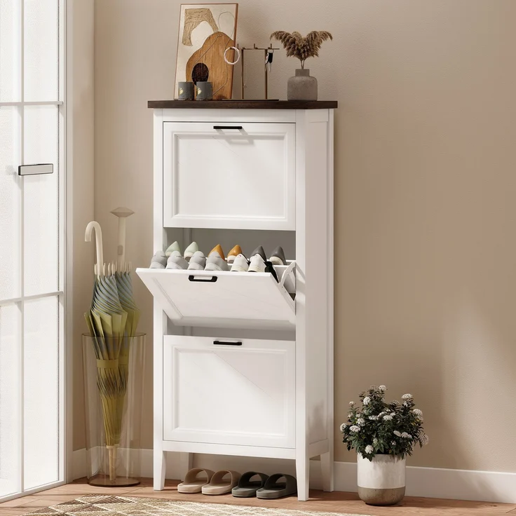 Wohnora-Schuhschrank für 18 Paar Schuhe, schmaler Schuhschrank mit 3 Klappschubladen und verstellbaren Einlegeböden, weiß,H 1337cm x T 600cm x B 265cm,MDF – Bild 3