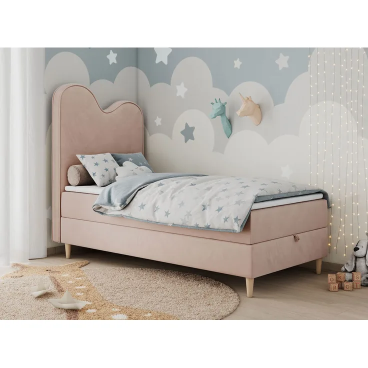 Kinderbett FLOW, Boxspringbett für Kinder, mit hohem Kopfteil, Einzelbett mit Matratze - 90x180 - Hellrosa Velours - Topper T25