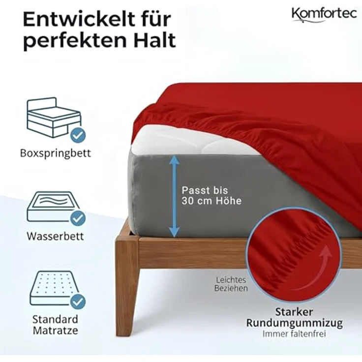 Komfortec Mikrofaser Spannbettlaken 180x200 cm – Weiches Spannbetttuch mit Rundumgummi – Fitted Sheet für Matratzen bis 30 cm – Rot – Oeko-Tex – Pflegeleicht & Hautfreundlich – 90g/m² – Bild 3