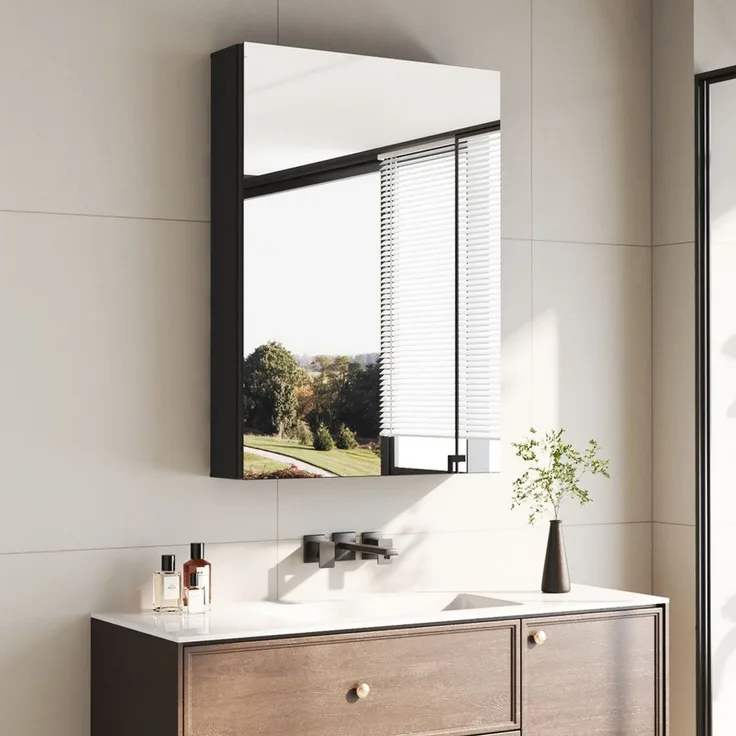 Hopibath Badezimmerspiegelschrank mit ablage Aluminium Spiegelschrank Bad Schwarz 2-türig 1-türig Eckig (Wandschrank Badezimmer Badmöbel Badschrank, 80x60, 50x70, 40x60cm) Doppelseitiger Spiegel, Verstellbare Glasböden, Softclose-Scharnieren