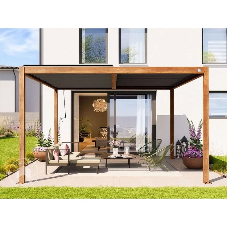 PRIMEYARD Pergola 4x4 m Aluminium-Pfosten mit Lamellendach aus Stahl holzfarbene Terrassenüberdachung – Bild 3