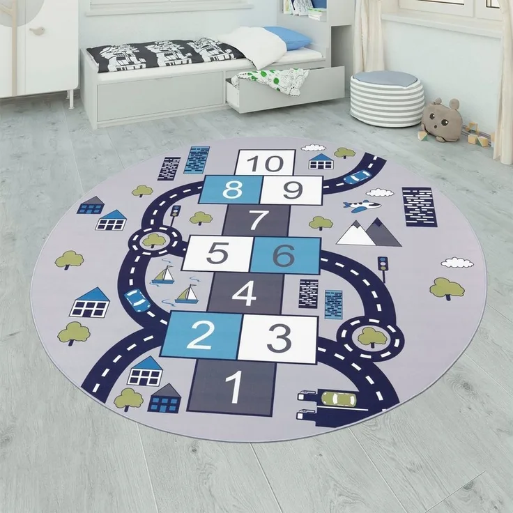 Paco Home Kinderteppich Bino 565, rund, Höhe: 4 mm, Kurzflor, Straßen-Spiel-Teppich & Spielmotiv Hüpfkästchen