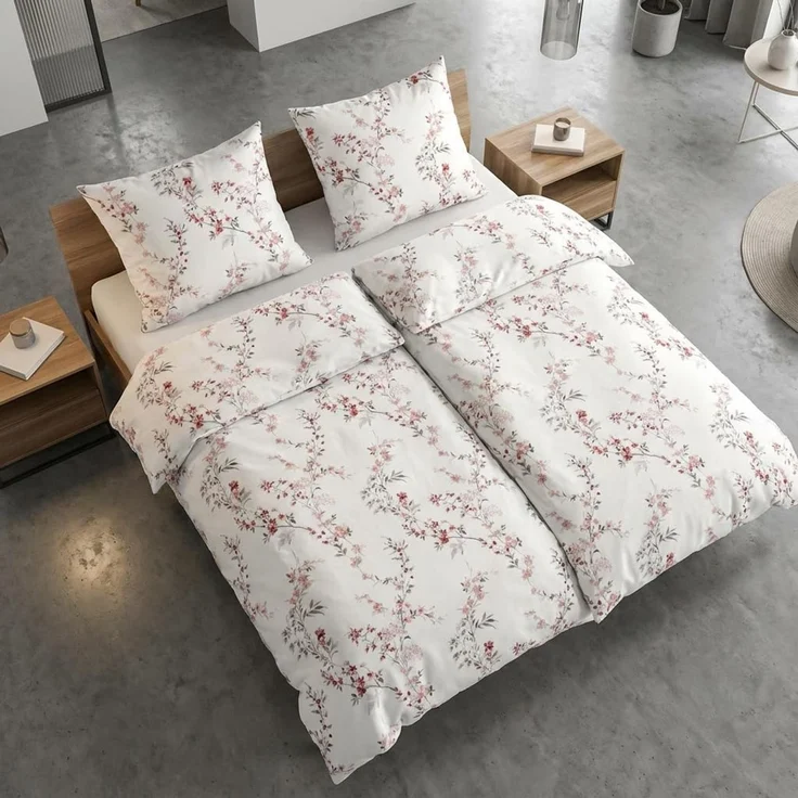Traumschloss Bettwäsche Premium Baumwolle, Flanell, 2 teilig, Blumenzweige mit rosa Blüten auf weißem Hintergrund – Bild 3
