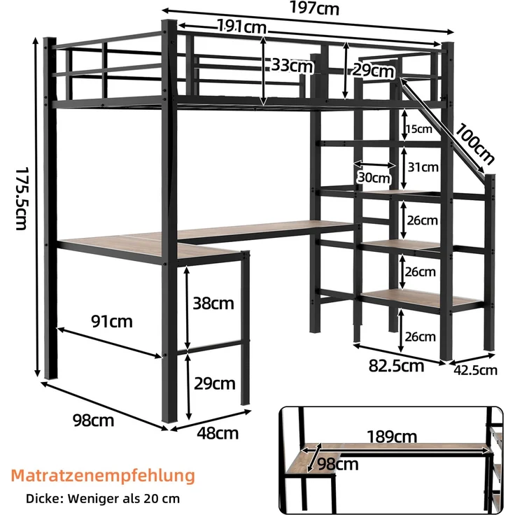 Rayofly-Hochbett mit L-förmigem Schreibtisch H 190cm x T 90cm x B 190cm, großer Stauraum, Regale, Treppe, durchgehendes Sicherheitsgeländer, platzsparend, Schwarz – Bild 6