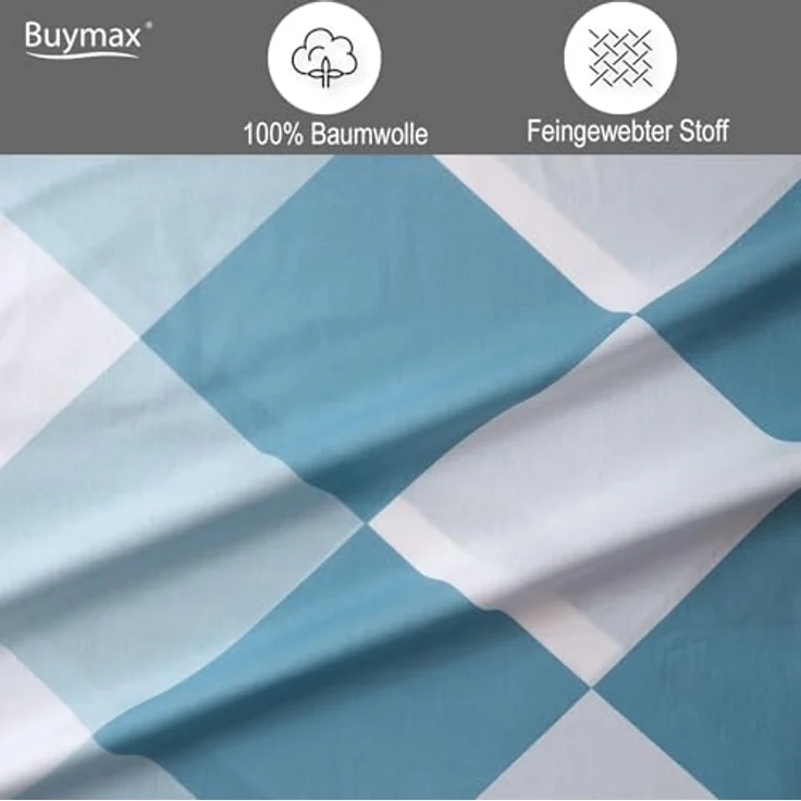 Buymax Bettwäsche Anaga, Bettgarnitur, Bettbezug Set, Renforce: 100% Baumwolle, 2 teilig, mit Reißverschluss, modern gemustert, Karo, Blau, Petrol, 135x200 cm – Bild 4