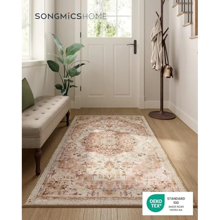 SONGMICS HOME Vintage Teppich, 80x150 cm, Wohnzimmerteppich, Schlafzimmerteppich, Waschbarerteppich, Rutschfester Teppich, für Küche, Flur, Esszimmer, cappuccinobeige TAR037K01 – Bild 3