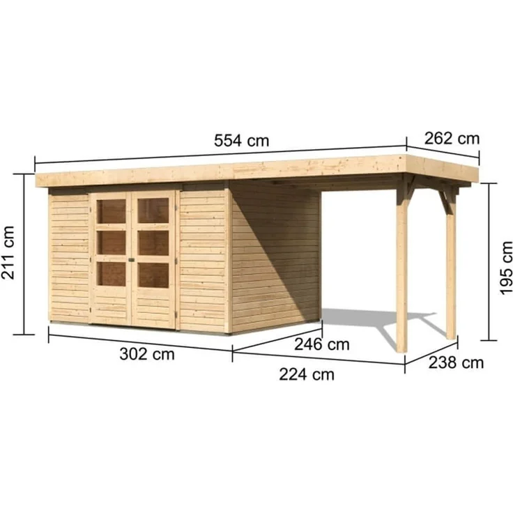 Gartenhaus Askola 5, 302 x 246 cm inkl Anbaudach 2,40 m mit Rückwand, 19 mm Holz naturbelassen – Bild 2