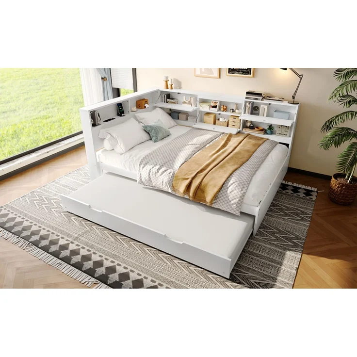 ZUBALIYA Tagesbett 140x200 cm, mit Ausziehfunktion für zusätzliche Liegefläche, mit USB - Ladeanschluss am Bett, mit integrierter Steckdose, Weiß – Bild 20
