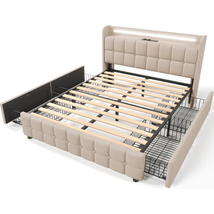 Einzelbett 160 × 200 cm mit Steckdosen,USB-Anschlüssen und LED-Beleuchtung,4 Schubladen,Leinenbezug in Beige – Bild 10