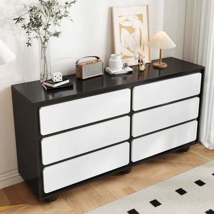 Kommode aus Spanplatte mit 6 Schubladen, 140x38x74,5 cm, Weiß/Schwarz – Bild 6