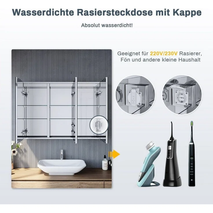 SONNI Spiegelschrank Spiegelschrank 3-türig bad mit led 90 cm breit Edelstahl mit Kippschalter, Steckdose, verstellbare Einlegeböden,IP44 – Bild 3