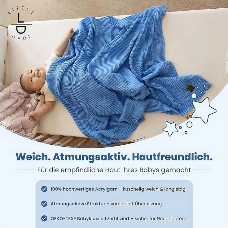 Babydecke Baby Strickdecke, Babydecke, Weich & Atmungsaktiv, 80x100cm, Blau, Little Dedi – Bild 2