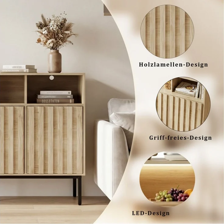 UEV Sideboard Küchenschrank mit 3 Türen & 3 offenen Fächern (Kommode), 105 x 39 x 80cm Kaffeebar Schrank für Flur Wohnzimmer Schlafzimmer – Bild 3