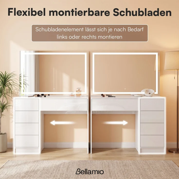 Bellamio 'Livny' Set aus Schminktisch mit Spiegel und Wolkenstuhl, LED-Beleuchtung, mit 5 Schubladen, beidseitig montierbar, weiß Hochglanz, 80x53x110 cm, LED-Beleuchtung mit mit 3 einstellbaren Lichtfarben – Bild 7