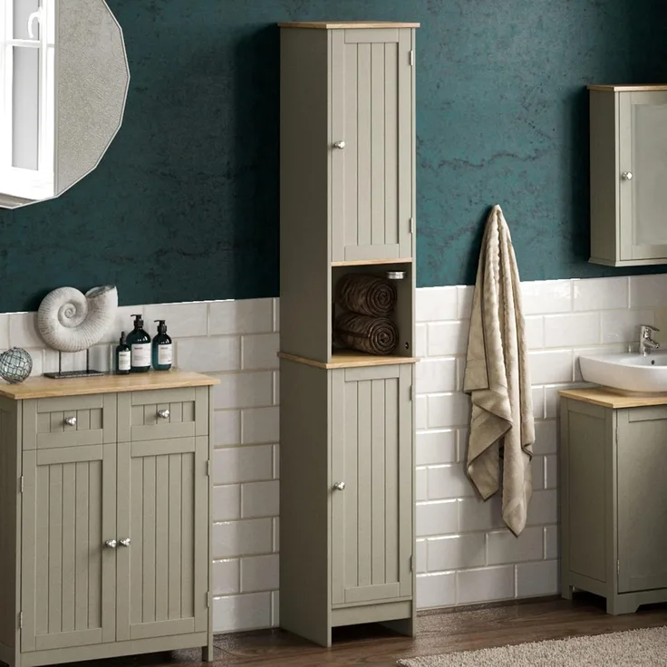 Bath Vida Priano Badezimmer Schrank Aufbewahrung Wandschrank Badschrank Freistehend Holzen Hochschrank, Grau, Regale