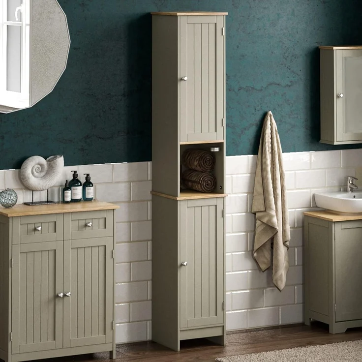 Bath Vida Priano Badezimmer Schrank Aufbewahrung Wandschrank Badschrank Freistehend Holzen Hochschrank, Grau, Regale – Bild 1