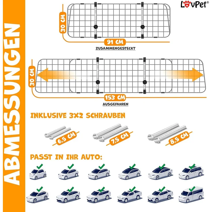 LovPet® Hundegitter Auto, Autoschutzgitter Trenngitter Universal, verstellbare Breite, Kopfstütze Kofferraum Autogitter Maße HxB 30 x 91-153 cm Kofferraumgitter,+ 2x Sicherheitsgurt für Hunde Grau – Bild 7