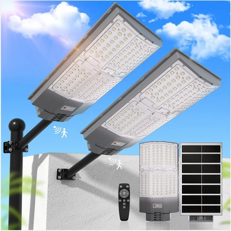 Rhein Beleuchtung LED Solarleuchte 2000W Solarlampen für Außen – Außenlampe mit Bewegungsmelder Spotlight, außenlampe, LED fest integriert, Timer & 240° Lichtwinkel – LED Strahler mit Bewegungsmelder Außen IP67