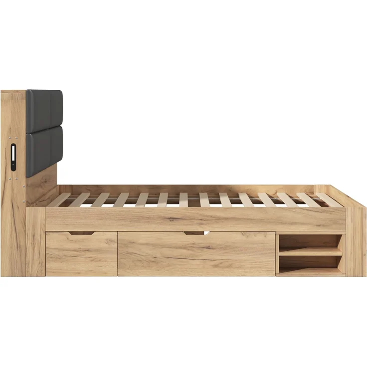 Stauraumbett mit Schubladen, Liegefläche 90×200 cm, Nachtlicht und USB, Natur, ohne Matratze – Bild 9