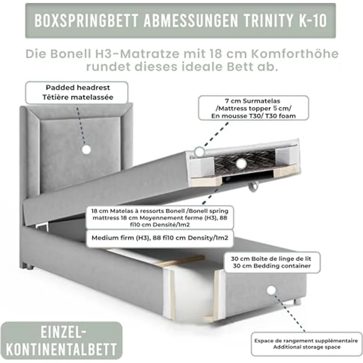 Best for Home Boxspringbett mit Bettkasten Trinity K-10 SINGLE Bonellfederkern inkl. 7 cm Topper (Einzelbett, Polsterbett gepolstertes Kopfteil, Jugendbett, Kinderbett versch. Größen, 70x200 80x200 90x200 100x200 cm), mit oder ohne Topper, Flexible Lie... – Bild 5