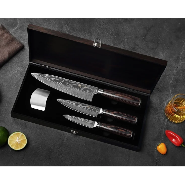 Wakoli Messer-Set EDIB Essentials 3er Damastmesser-Set Küchenmesser Kochmesser (Damastmesser mit Geschenkbox, 3-tlg, 3er Chefmesser-Set), VG10 Kern, 67 Lagen Damaststahl, Pakkaholzgriff, inkl. Geschenkbox – Bild 1